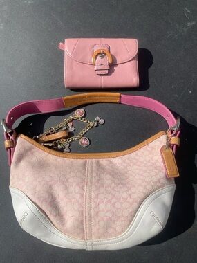 Coach Pink Signature Jacquard Hobo Bag with Matching Pink Wallet